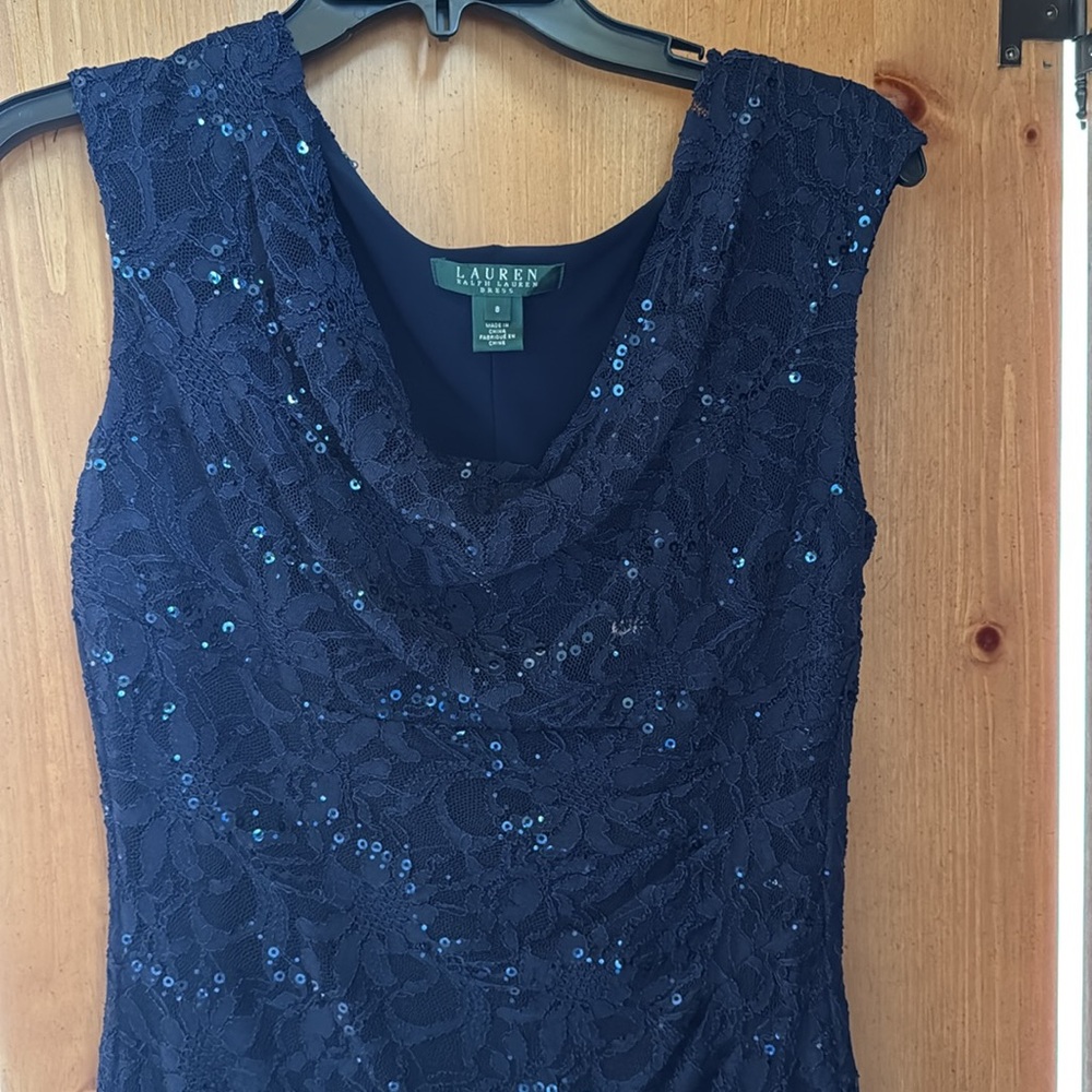Lauren Ralph Lauren Blue Lace/Sequins Asymmetrical Ruched Cocktail Dress Size 8